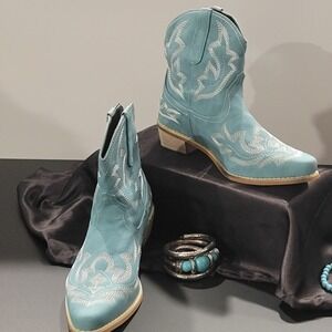 Women's Turquoise Embroidered Ankle Booties